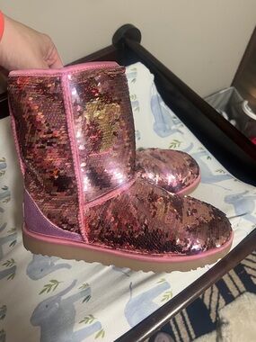 UGG Pink Sequin Classic Short Booties